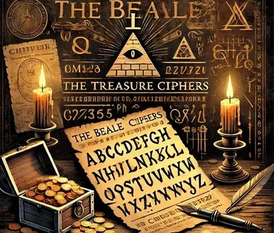An artistic representation of the Beale Treasure Ciphers, featuring cryptic symbols, coded letters, and an open treasure chest overflowing with gold coins. Illuminated by candlelight, the mysterious scene highlights the legendary unsolved cipher that is believed to lead to a hidden fortune.