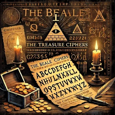 An artistic representation of the Beale Treasure Ciphers, featuring cryptic symbols, coded letters, and an open treasure chest overflowing with gold coins. Illuminated by candlelight, the mysterious scene highlights the legendary unsolved cipher that is believed to lead to a hidden fortune.