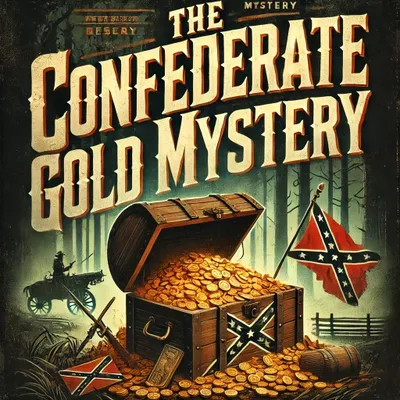 An illustration of the legendary Confederate gold mystery, featuring an open treasure chest overflowing with gold coins. Confederate flags, a distant horse-drawn carriage, and a foggy forest background add to the mystery surrounding the lost Civil War treasure.