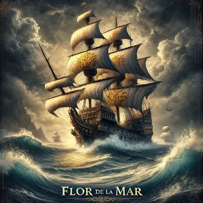 A dramatic illustration of the legendary Portuguese ship Flor de la Mar, sailing through stormy seas. The grand vessel, adorned with golden decorations, represents one of history’s greatest lost treasures.