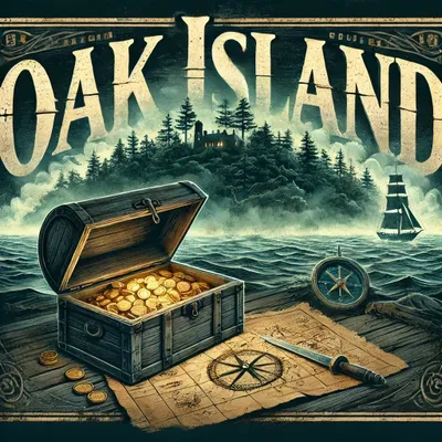 A mysterious depiction of Oak Island, featuring a treasure chest filled with gold coins, an old pirate map, a dagger, and a compass. In the background, a foggy island with a hidden structure and a sailing ship adds to the legend of the lost treasure.