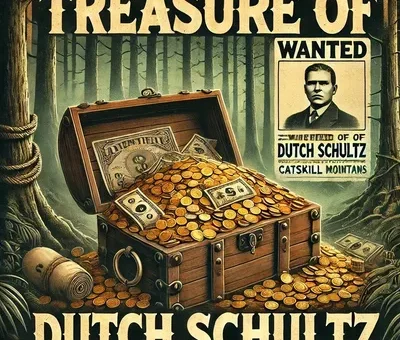 An illustrated depiction of Dutch Schultz’s lost treasure, featuring an open wooden chest overflowing with gold coins, dollar bills, and bonds. A "WANTED" poster of Dutch Schultz is visible in the background, set in a dark forest representing the Catskill Mountains.