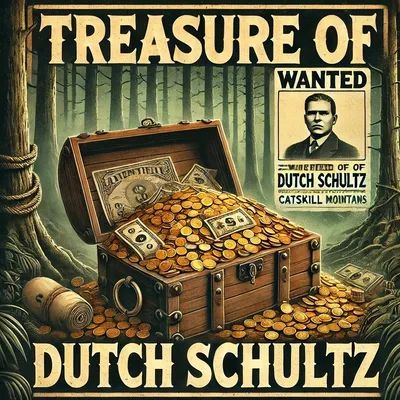 An illustrated depiction of Dutch Schultz’s lost treasure, featuring an open wooden chest overflowing with gold coins, dollar bills, and bonds. A "WANTED" poster of Dutch Schultz is visible in the background, set in a dark forest representing the Catskill Mountains.