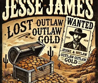 An illustrated depiction of Jesse James’ lost outlaw gold, featuring an open treasure chest overflowing with gold coins in a rugged desert landscape with cacti. A "WANTED" poster of Jesse James is displayed in the background, emphasizing his legendary status as an infamous outlaw.
