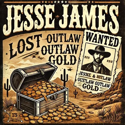 An illustrated depiction of Jesse James’ lost outlaw gold, featuring an open treasure chest overflowing with gold coins in a rugged desert landscape with cacti. A "WANTED" poster of Jesse James is displayed in the background, emphasizing his legendary status as an infamous outlaw.