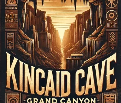 A vintage-style digital illustration of the Kincaid Cave legend in the Grand Canyon. The image features a dramatic canyon landscape with ancient symbols, hieroglyphs, and text suggesting hidden artifacts and mysteries. The typography gives an old-world exploration vibe, emphasizing the intrigue surrounding the cave's possible existence.