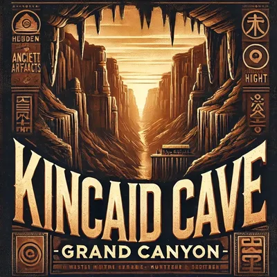 A vintage-style digital illustration of the Kincaid Cave legend in the Grand Canyon. The image features a dramatic canyon landscape with ancient symbols, hieroglyphs, and text suggesting hidden artifacts and mysteries. The typography gives an old-world exploration vibe, emphasizing the intrigue surrounding the cave's possible existence.