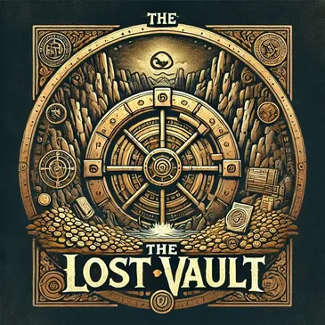 A detailed, golden vault door with intricate engravings, surrounded by ancient symbols and piles of gold coins spilling out, representing a lost treasure vault.