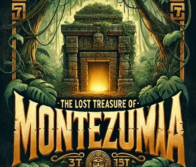 An ancient stone temple hidden deep in the jungle, glowing with golden light, symbolizing the legendary Lost Treasure of Montezuma. The design features Aztec-inspired patterns and lush greenery, enhancing the mystery of the lost fortune.
