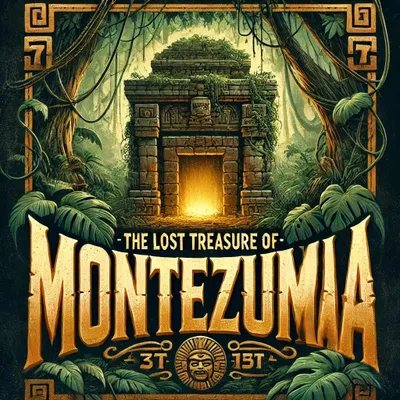 An ancient stone temple hidden deep in the jungle, glowing with golden light, symbolizing the legendary Lost Treasure of Montezuma. The design features Aztec-inspired patterns and lush greenery, enhancing the mystery of the lost fortune.